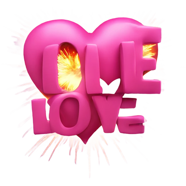 The word love with pink hearts and fire works emoji