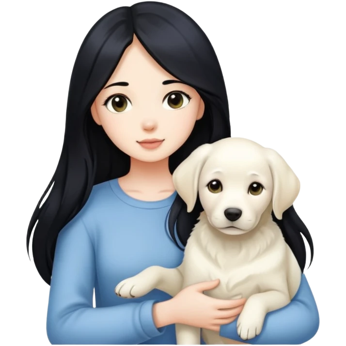 A beautiful girl with long black hair and fair skin is holding a white Labrador emoji