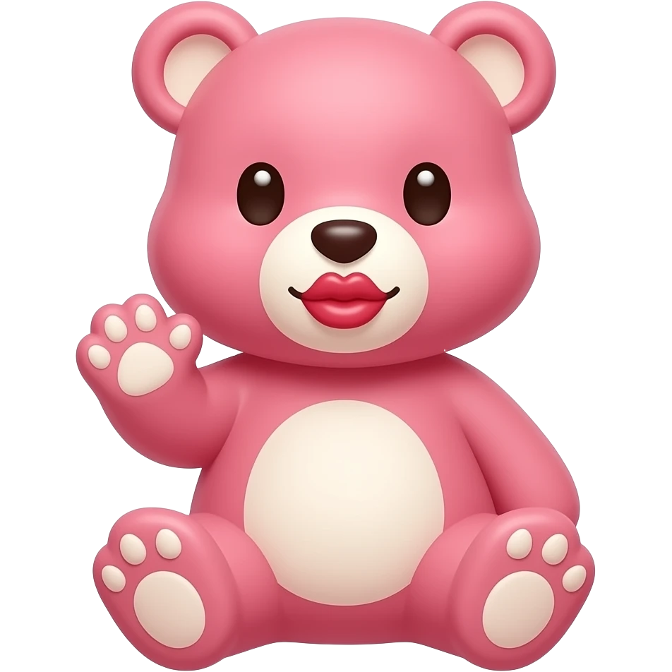 generate me a cutest pink bear that giving a kiss and make it sit at have a hand gestures, make the lips like kissing my gf. emoji