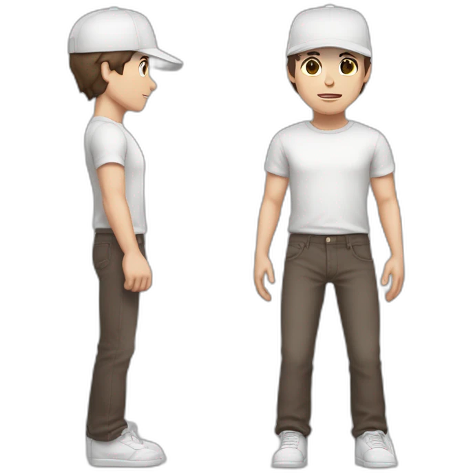 Pale skinned fit Man with dark brown hair in a light gray cap, dark brown jeans, brown polo and white T-shirt keeping a pasted with tape white box into his hands emoji