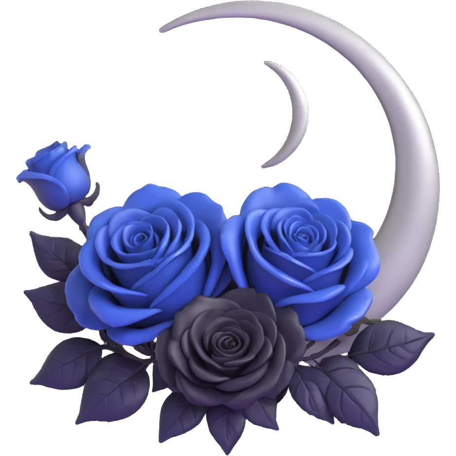 midnight blue glass heart with a silver crescent moon, surrounded by large black roses, gothic and luxurious emoji