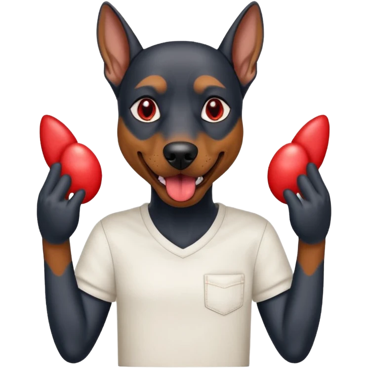 Generate a emoji of a big evil doberman dog with red eyes and a tongue sticking out, give the doberman a human body with a white shirt and baggy jeans emoji