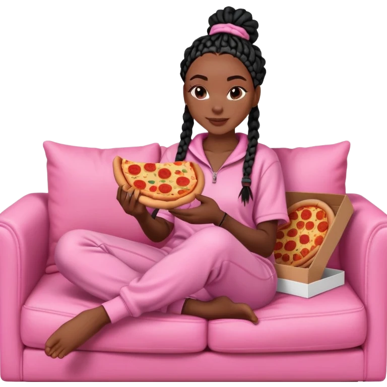 A dark-brown-skinned Black woman with black box braids, sitting on a pink couch, holding an open pizza box.She’s wearing comfy loungewear, looking relaxed and enjoying her food. emoji