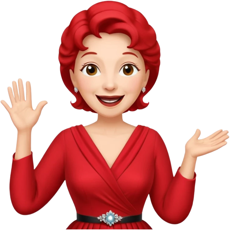 Older woman – elegant gown, 50s, red dress, expressive singing pose emoji