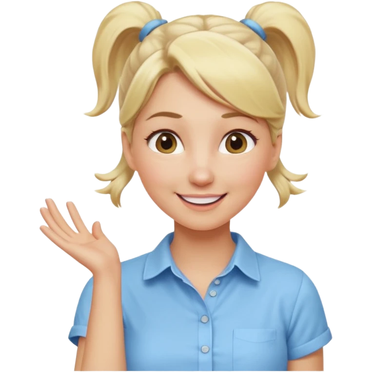 A playful blonde female mature realistic character with wide, mischievous eyes, smiling, ponytail, dynamic pose suggesting movement, pastel colors, minimalistic and cute emoji style. emoji