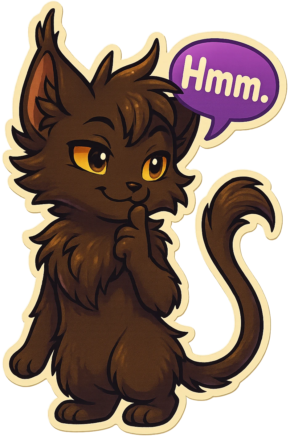 a dark-brown fluffy cute kawaii anthropomorphic furry anime cat-furry with tufted ears, golden eyes, and a long thin tufted tail, thinking, smirking thoughtfully, saying “Hmm..” with a purple speech bubble, (cartoon style) (cute anime style) (furry style) (deviantArt style) (artist style: Kamirah) emoji
