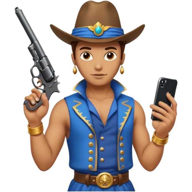 genie holding a revolver in one hand and an iphone on the other emoji