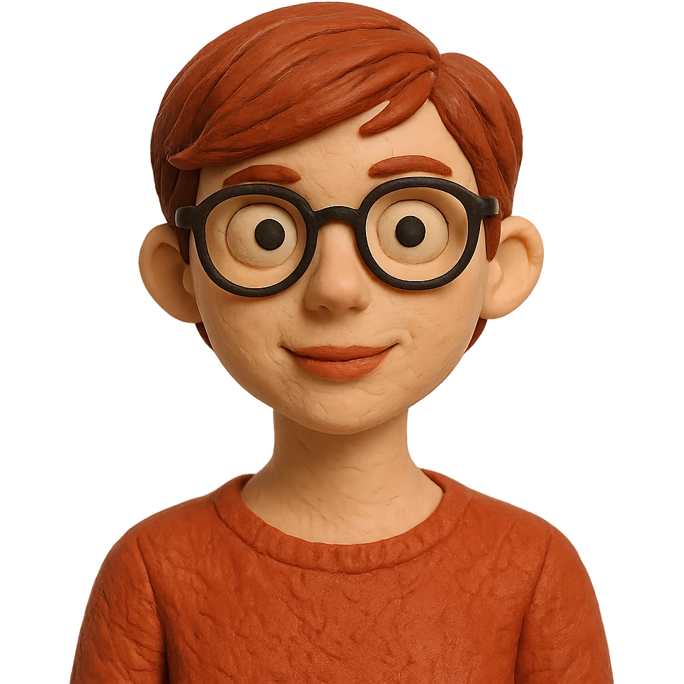 claymation style woman in her 20s with auburn pixie cut (side part) and glasses emoji