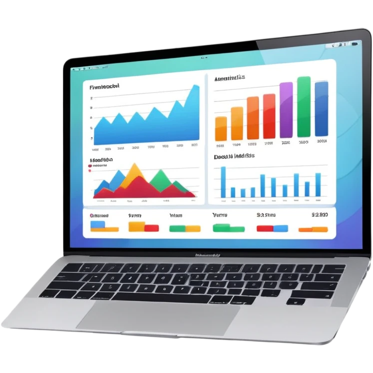 Create a macbook displaying financial analytics dashboards on the screen. emoji