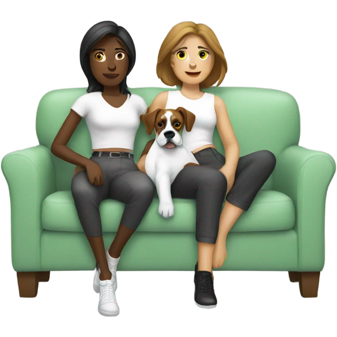 Two women with white boxer on couch emoji