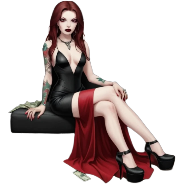 Lilith symbol red eye seductress evil long brown haired sexy succubus woman with leather long dress with slit, sitting in Big Large F350 pickup truck. Black Platform high heels on feet. Tattoo sleeve arms, seat full of stacks of cash, and a man dead human skull of her enemies and a gun in other hand emoji