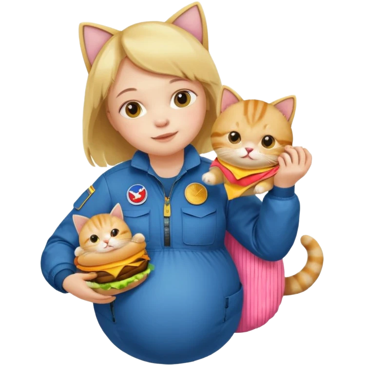 Pregnant person with downsyndrome flying on a cat while eating a cheese burger emoji