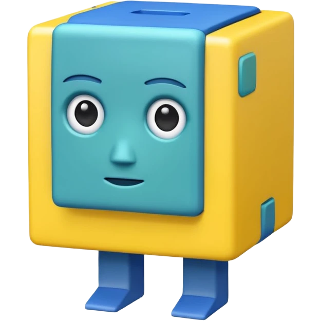 A yellow cube Head and rectangular arms BLUE cube troco Green rectangular legs emoji