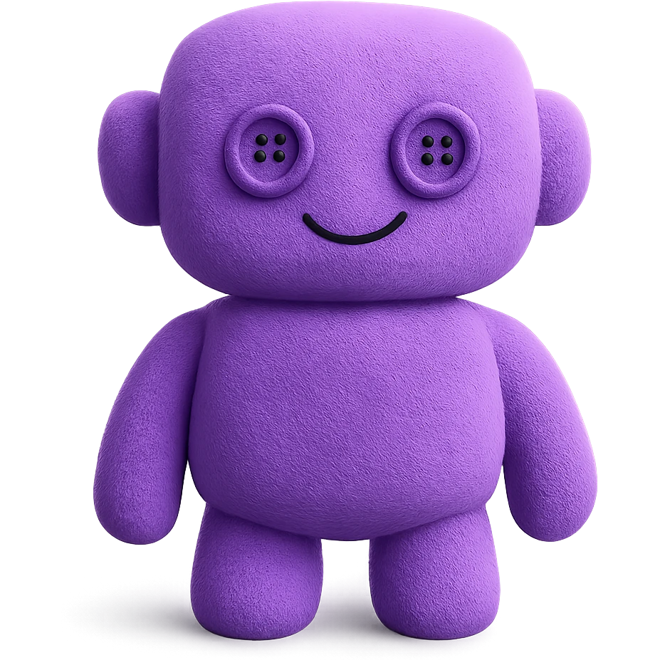 A plush robot with rounded edges, button eyes, and a friendly expression. The robot has a soft, huggable appearance with visible fabric texture. emoji