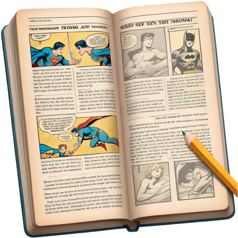 Create a detailed emoji representing the process of writing texts for comic books. The design should feature a large, open comic book with vintage comic strips visible on its pages. A pencil should be shown writing text on one of the comic panels, but without a hand. The pencil should appear as though it is actively creating the dialogue or narration. Use a classic color palette with muted tones for the comic book and brighter accents on the pencil to draw attention to the writing process. Do not include any emojis or smiley faces. Make the background transparent. emoji