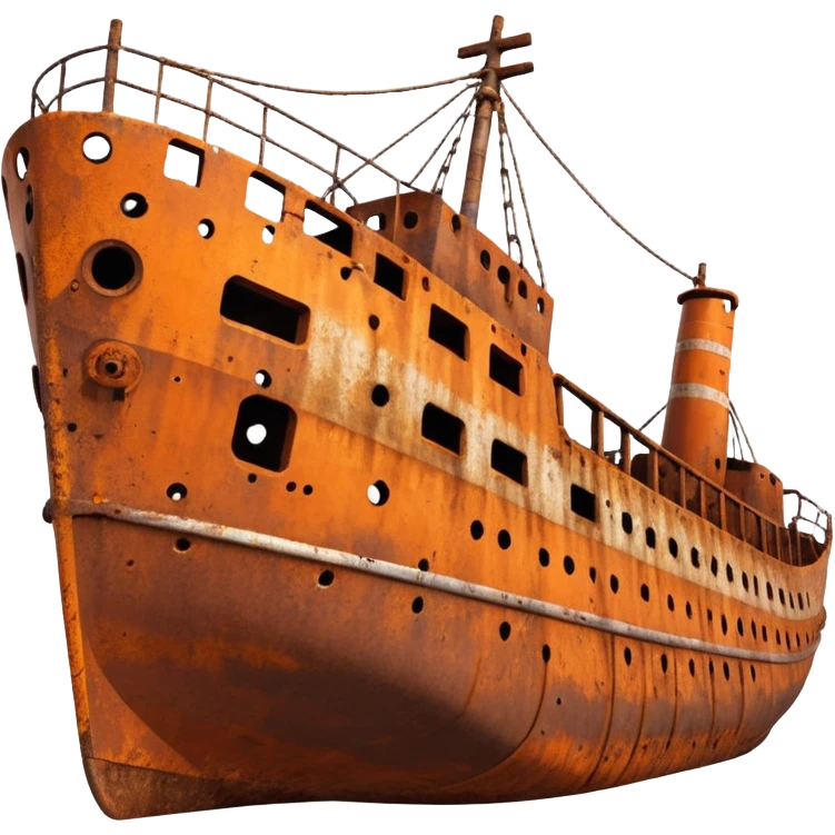 rusted ship wreck, heavily corroded metal hull, orange-brown rust textures, abandoned old ship, weathered surface, dramatic lighting, cinematic atmosphere, 3D cartoon style, mobile game environment art, clean composition, no people, no text, no watermark
 emoji