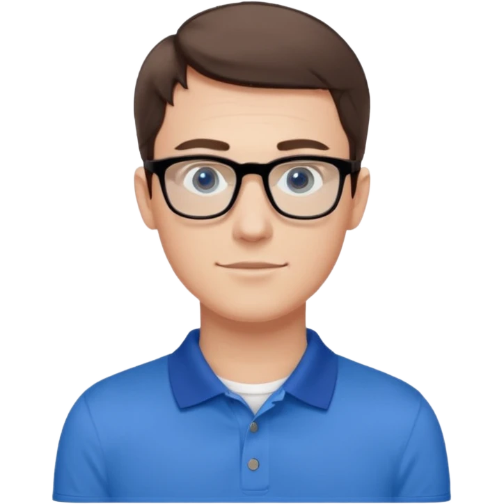 Young white man, late 20s, short brown hair, blue eyes, clean-shaven, thin black rectangular glasses, slim build, wearing a blue polo shirt, friendly and energetic look. emoji