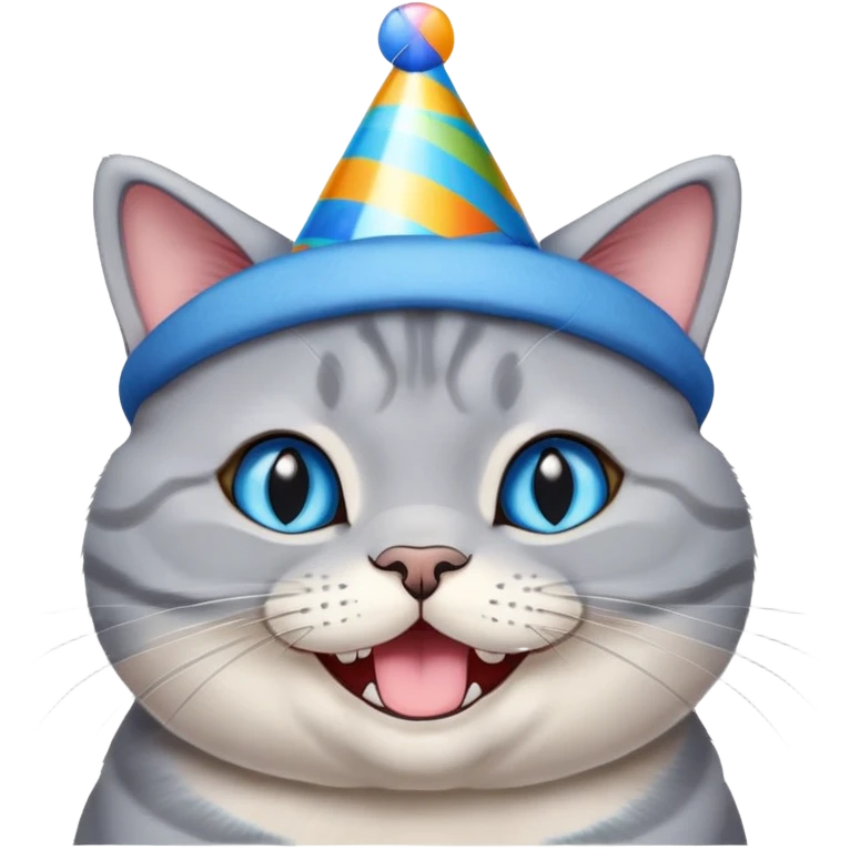 Happy British shorthair blue cat with a big smile wearing a colorful birthday hat emoji