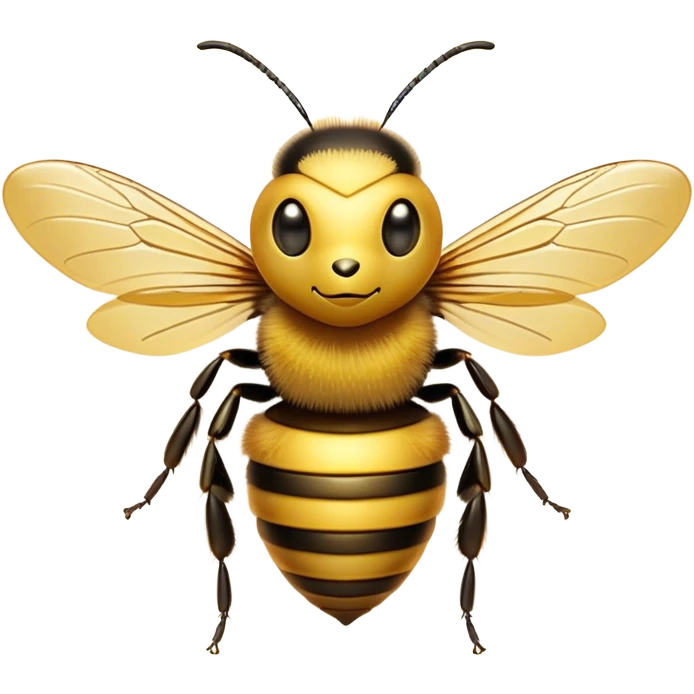 Cinematic Noble Bee Portrait Emoji, Poised and industrious, with a compact, fuzzy body in golden-yellow hues, delicate translucent wings, and a focused, determined expression with sparkling eyes, Simplified yet sharp and sophisticated features, highly detailed, glowing with a soft, sunny radiance, high shine, intelligent and diligent, stylized with an air of natural elegance, focused and alert, soft glowing outline, capturing the essence of a watchful bee that appears ready to buzz out of the screen with effortless authority! emoji