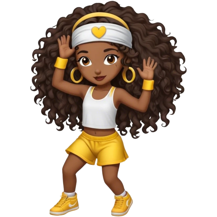 Dancing brown girl with long darn brown curly hair with headband hip hop emoji