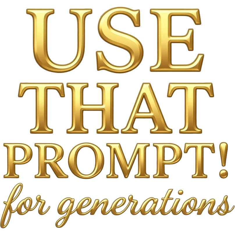 A luxurious uppercase text 'USE THAT PROMPT!' small size text 'for generations' crafted from polished white Carrara marble with deep veins of more glowing liquid gold flowing through it. High-end jewelry aesthetic, soft studio lighting, elegant and Luxurious Marble Letter. emoji