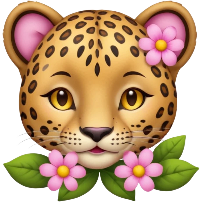 A cutE leopard face with eyes closed and a peaceful smile. A pink flower with a yellow center is tucked behind its right ear, adding a charming and gentle touch.  emoji