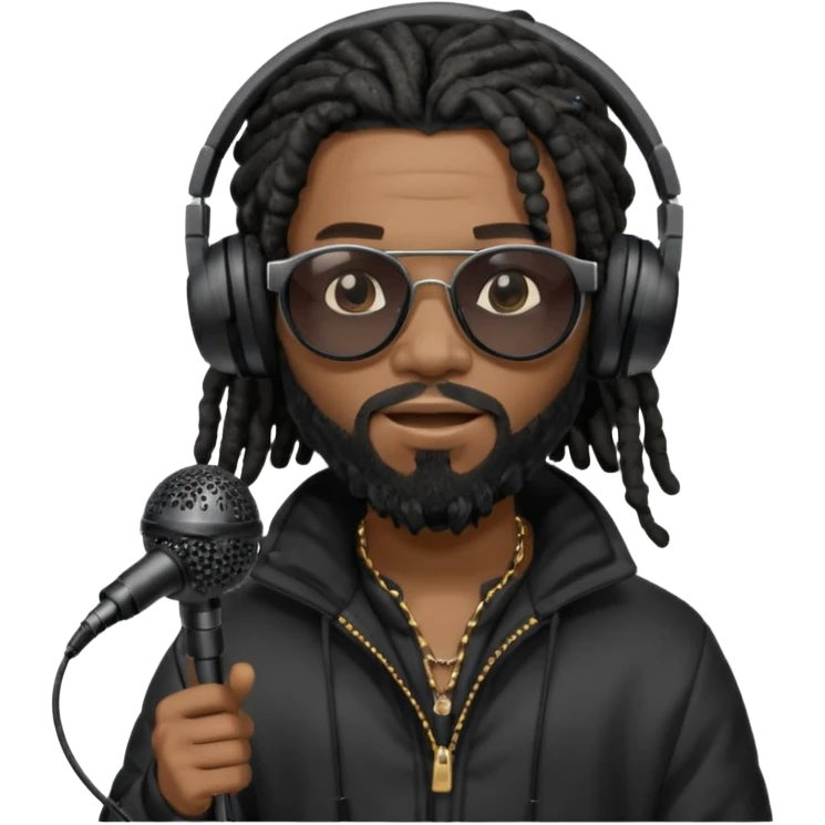 African American man with shoulder length black dreadlocks with black beard wearing dark black sunglasses wearing a black bubble coat with headphones on rapping into a recording studio microphone emoji