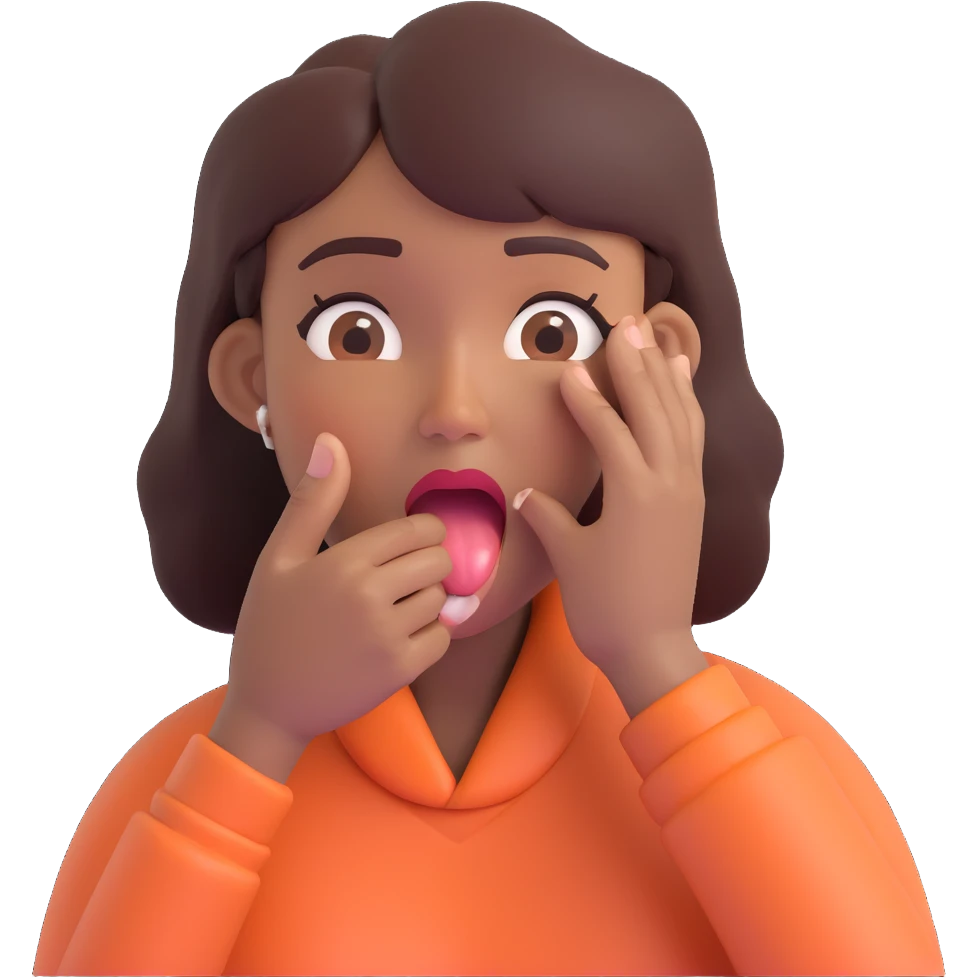 emoji of a woman with medium-dark skin tone, one hand grabbing her own throat, distressed expression, tongue out emoji