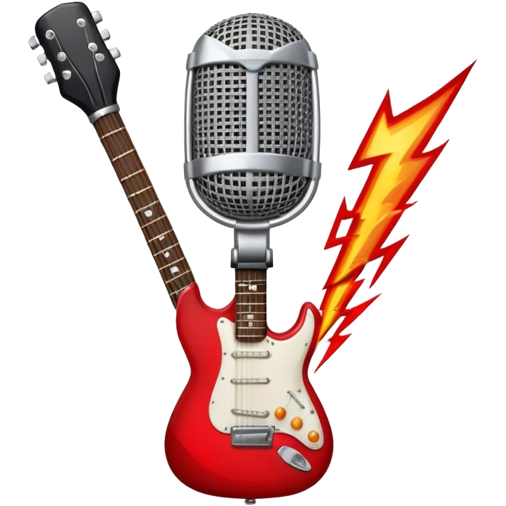 Create a bold and dynamic emoji representing rock vocal performance in a humanless collage. The design should feature a vintage microphone at the center, surrounded by key rock elements like an electric guitar, drumsticks, and a guitar pick. Include symbols of energy, such as lightning bolts or flames, and subtle musical notes or sound waves to evoke the raw power of rock vocals. Use dark, bold colors like black, silver, and red, with hints of chrome or metallic accents to convey the edgy, rebellious spirit of rock music. The background should be transparent. emoji