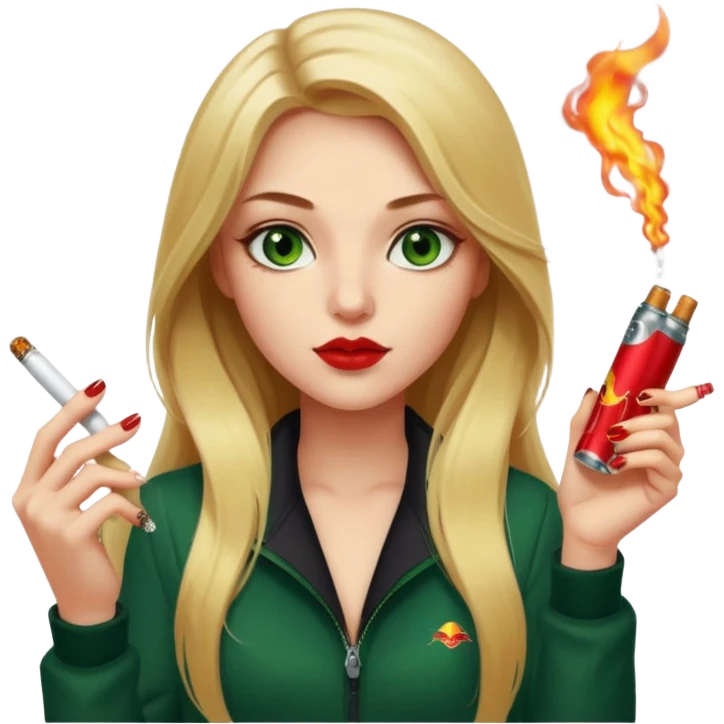 white, honey blonde long hair pretty girl with green eyes, smoking a cigarette and a red bull in hand, dark red nails, looking cool  emoji