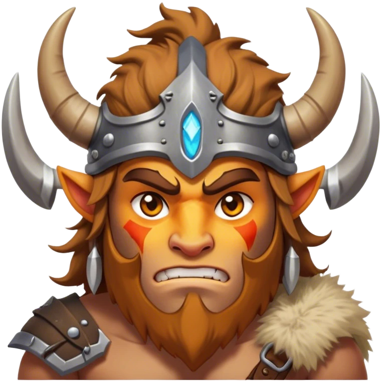 Clash of Clans aesthetic: Cinematic Fierce Barbarian Portrait Emoji, Poised and bold with a rugged yet cartoonish build in tattered furs and a horned helmet, his exposed skin a rich tan, expressive bright eyes and a confident smirk, Simplified yet dynamic features, highly detailed, glowing with a vivid, adventurous aura, high shine, heroic and spirited, stylized with an air of medieval warrior charm, focused and energetic, soft glowing outline, capturing the essence of a fearless barbarian adventurer ready to lead his clan with spirited valor! emoji
