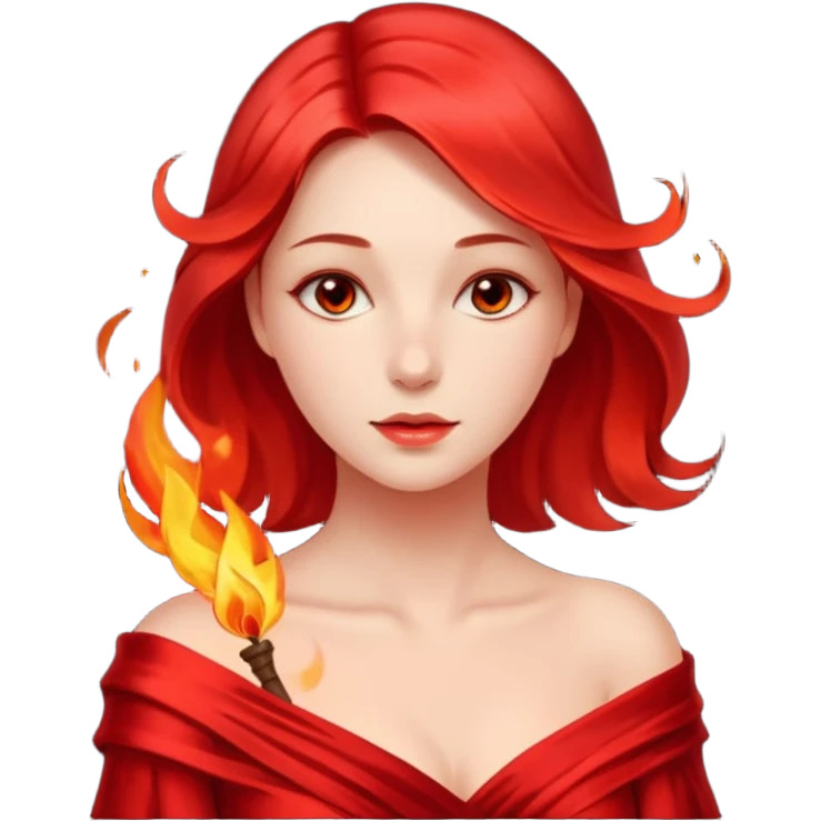 Woman slowly letting red silk fall from her shoulders, firelight flicker emoji