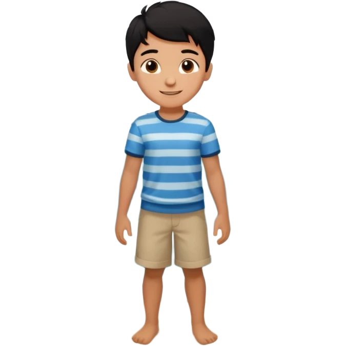  검정머리남자아이, 옷 입히고, 행복한 표정에, 배경 기득 심플하지 않게 키워드는 바다!!! emoji