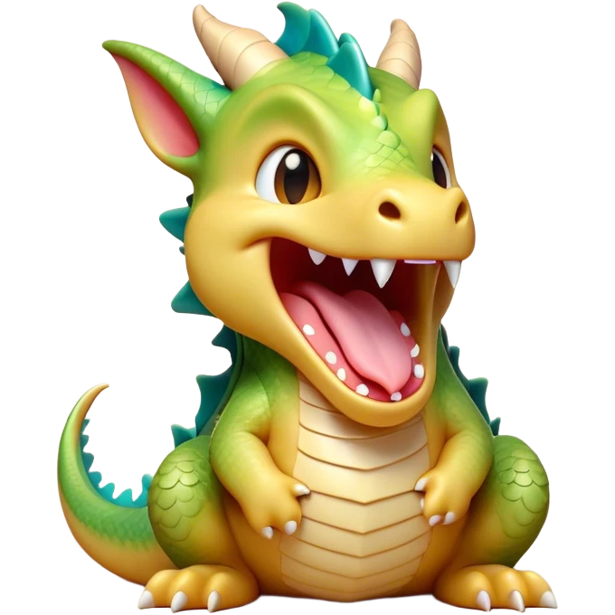 Cinematic Cute Yawning Dragon Portrait Emoji, Head tilted slightly with a dramatic, wide-open yawn, showcasing a soft, lustrous scaled body with gently drooping fins and half-closed, drowsy eyes, each scale rendered in exquisite detail under natural light; high shine, relaxed yet expressive, styled with a dash of fantastical charm, soft glowing outline, capturing the essence of a sleepy yet affectionate dragon that appears ready to stretch out and rest in its enchanted lair! emoji