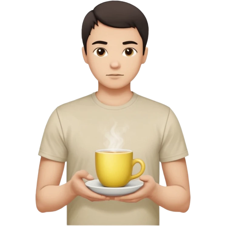 человек с короткими тёмными волосами и круглым лицом. У него спокойное, нейтральное выражение лица, тёмные глаза, аккуратные брови. Он стоит прямо на фоне светлой стены. На нём светлая футболка с небольшим рисунком. В целом образ выглядит простым и аккуратным. В руках чай с лимоном emoji