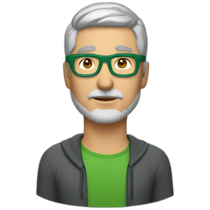 50 year old caucasianman with very short cropped gray hair, wearing puma glasses with a green rim having a three days' stubbled beard emoji