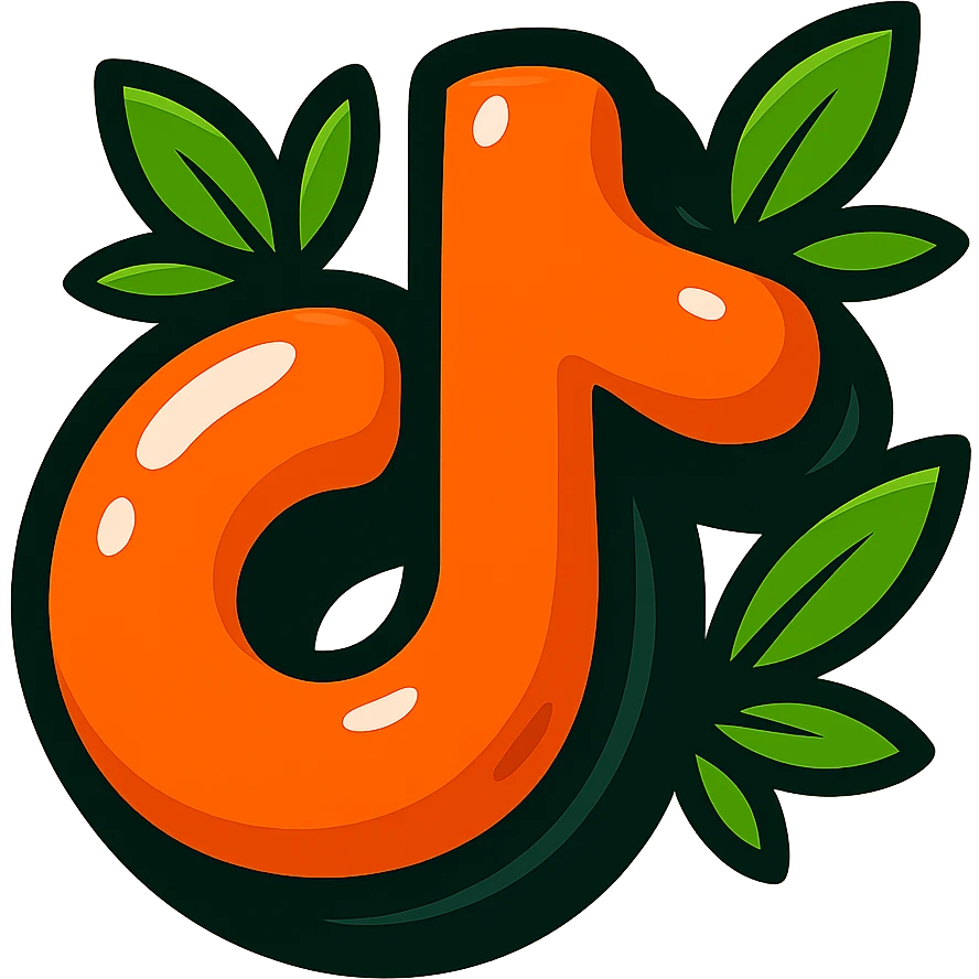 Plump, extra rounded cartoon-style TikTok logo, soft and puffy, with bold black outline, expressive shadows, glossy highlights, and bright leaves around the logo. No sharp corners, no background. Match the reference style closely, emphasize contours, shadows, and highlights. emoji