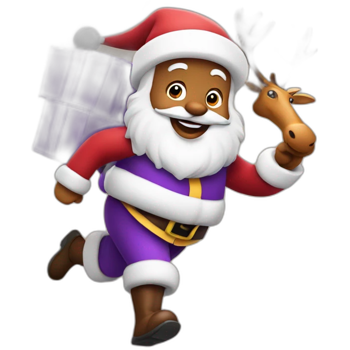 Santa Claus dressed in purple running with the reindeer to deliver the presents emoji