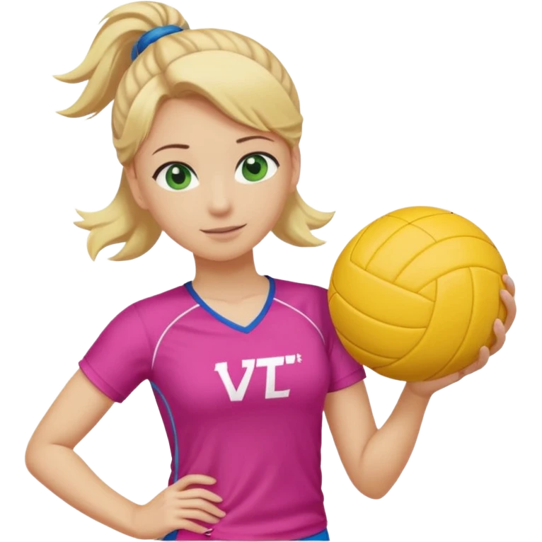 criar o emoji de uma jogadora de volei, com cabelo loiro amarrado camiseta rosa com ondas azuis secrito LIVET'S segurando uma bola de voley da marca mikasa, tenis amarelo e olhos verdes grandes emoji