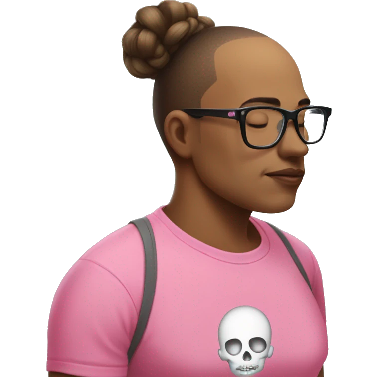  A man with a shaved skull in a pink t-shirt and glasses kisses on the lips a woman with long hair tied in a bun and bangs emoji