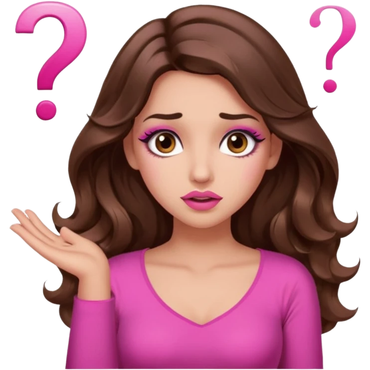 girl with long wavy brown hair, brown eyes, long lashes makeup, sexy pink lips, light to medium complexion, pink sexy top,, shrugging with both hands, confused, question mark emoji