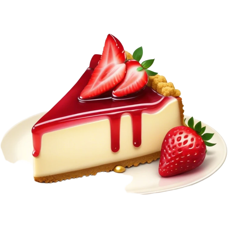 Cinematic creamy cheesecake, smooth and velvety, topped with fresh strawberries and a glossy fruit glaze, golden crumbly crust, beautifully plated, soft glowing background, indulgent and elegant. emoji