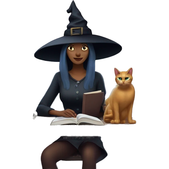 witch who works an office job with a computer and a coffee and a book of spells sitting outside under a full moon with a cat emoji
