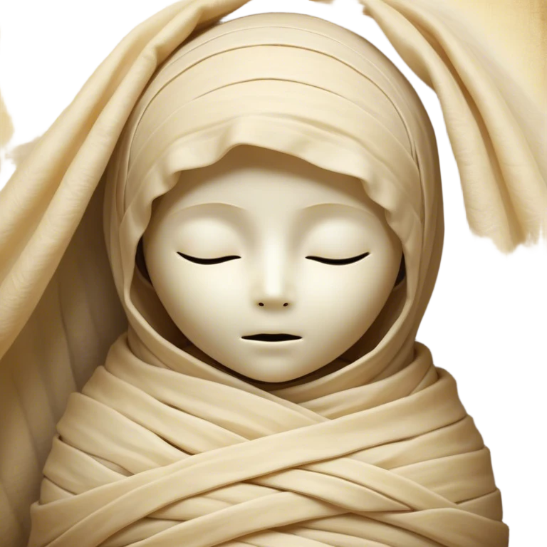 A snug, cozily wrapped mummy, fully encased in soft, slightly loose bandages, even its face gently hidden behind folds with only a tiny glimpse of sleepy eyes, nestled in warm, faded tones with gentle golden accents, simplified yet irresistibly charming, highly detailed with a soft glowing outline capturing the peaceful aura of an ancient being drifting into rest! emoji