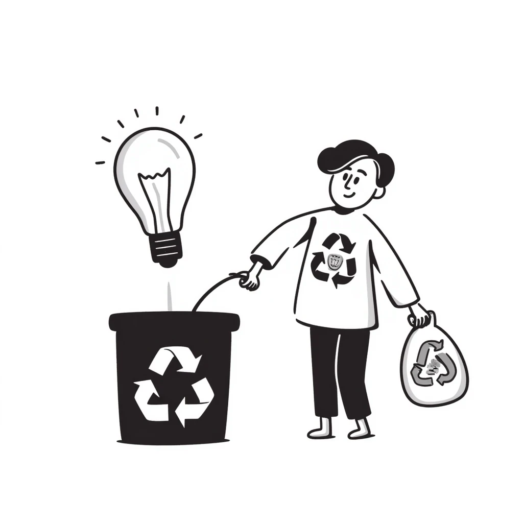 a lightbulb and a battery holding hands, each with a recycling bag, walking to recycle emoji