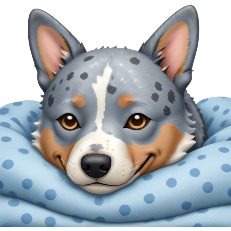 Meme-Worthy Cute Sleeping Blue Speckle Australian Cattle Dog Portrait Emoji, Head resting peacefully with a contented smile, showcasing a robust build and a luxuriously soft blue speckle Fur, eyes shut in a serene nap, Simplified yet hilariously adorable features, highly detailed, glowing with a soft, drowsy light, high shine, relaxed and utterly lovable, stylized with an air of playful laziness, bright and heartwarming, soft glowing outline, capturing the essence of a comically sleepy herder, so meme-worthy it feels like it could instantly become the next viral sensation of adorable slumber! emoji