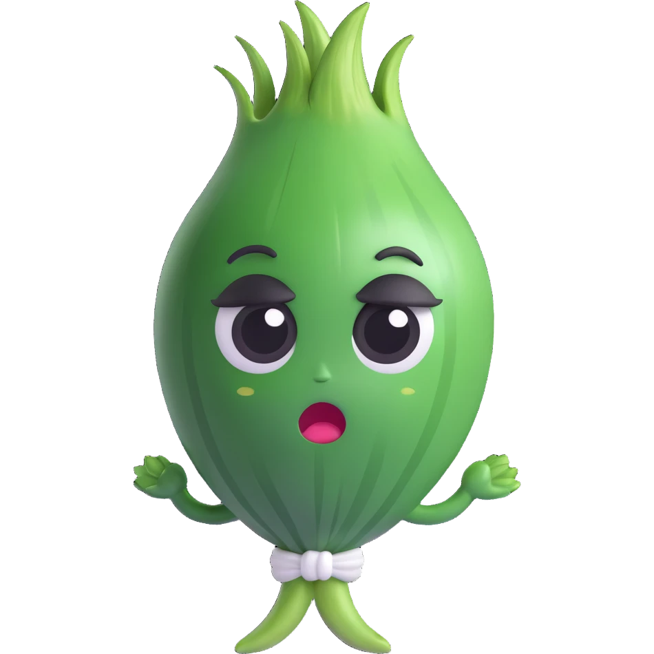 3D chibi green onion character, round white body, big eyes, green leaf hair, dramatic crying face with tears spraying out, pastel kawaii style, soft smooth textures, high quality lighting emoji