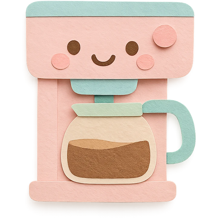 kawaii coffee machine, full body, cute smiling face, soft pastel colors emoji