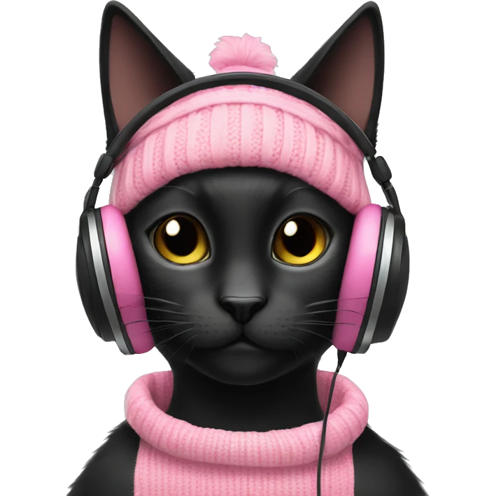 Black cat wearing a headphone and pink sweater emoji