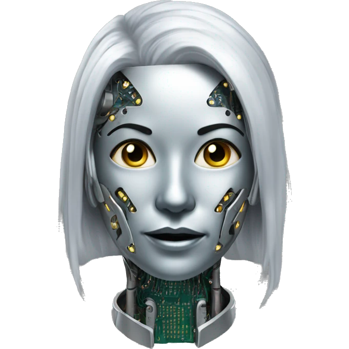 Silver hair female cyborg head with mask and circuits emoji